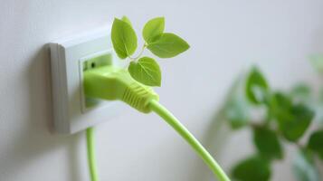 Power outlet with green plug and leaves showcasing a blend of nature and technology in a modern setting photo