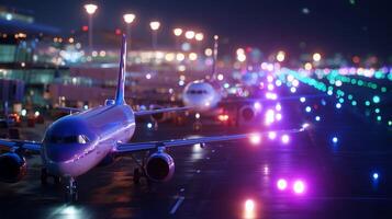 Busy airport runway at night with illuminated aircraft and vibrant lighting effects photo