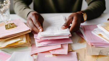 Organizing important paperwork on a desk in a modern home office with pink and yellow files at midday photo