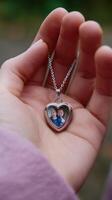 Heart-shaped necklace held in hand featuring pictures of two children on a silver chain in a serene outdoor setting photo