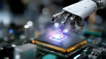 Robot hand interacting with computer chip in a futuristic technology setting photo