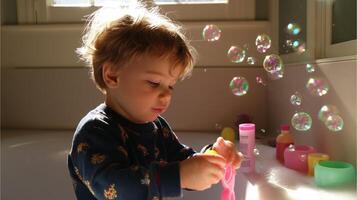 Child enjoys a sunny afternoon creating bubbles in a bright bathroom filled with colorful toys and soap photo