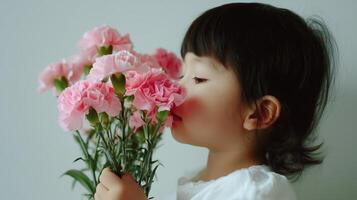 Child enjoys the scent of pink carnations in a serene indoor setting during daylight hours photo