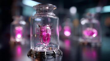 Unique glowing crystal hearts enclosed in transparent jars in a laboratory setting at night photo