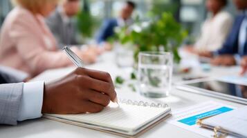 Business meeting in an office with professionals discussing ideas and taking notes during a strategic planning session photo