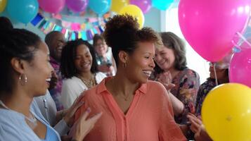 Joyful celebration in a lively indoor setting with colorful balloons and cheerful guests enjoying a special occasion photo