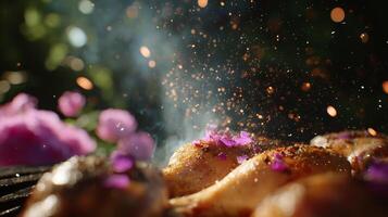Grilling marinated chicken with herbs and spices during a summer cookout in a backyard garden setting photo