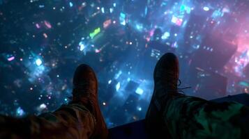 High above a vibrant cityscape at night, a person gazes down into the dazzling lights below from a tall edge photo