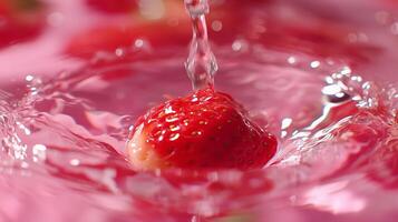 Strawberries splashing in water create a vibrant, refreshing scene during a summer afternoon photo