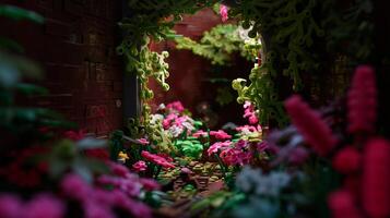 Colorful garden path with vibrant flowers and lush greenery inviting exploration in a serene outdoor setting photo