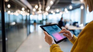 Professional in modern office using tablet while collaborating on project in bright workspace during daytime photo