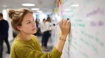 Creative brainstorming session in an office with a woman writing on a whiteboard in a collaborative environment photo