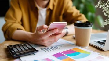 Individual analyzing data and using smartphone in an office setting during a work session photo