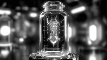 Insect specimen preserved in a glass jar with digital interface elements displayed in a laboratory setting photo
