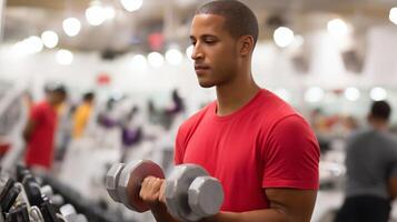 Man lifting weights at a gym during the afternoon with a focused expression while working on strength training photo