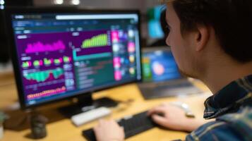 Young professional analyzing financial data on multiple screens in a modern office setting during evening hours photo