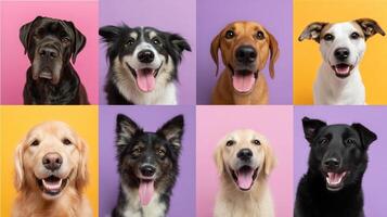Happy dogs posing for a colorful portrait in a studio setting with vibrant backgrounds during a photoshoot photo