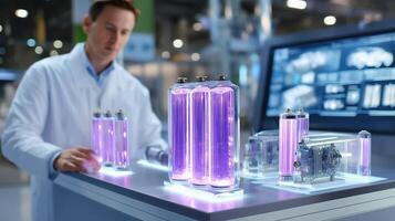 Scientist conducts research with glowing cylindrical devices in a high-tech laboratory during a daytime experiment photo
