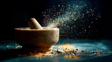 Pepper, spices, and salt are ground in a traditional mortar and pestle with a dramatic dust cloud in a dimly lit kitchen photo