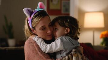 Mother and child share a warm embrace while enjoying a cozy evening at home photo