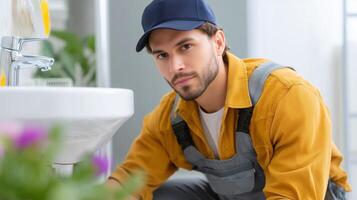 Skilled plumber working on bathroom sink repair in modern home setting during daylight photo