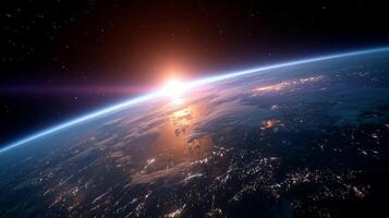 Sunrise over Earth captured from space showcasing a breathtaking view of the planet's atmosphere and illuminated regions photo