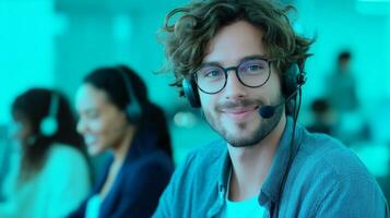 Customer service representative assisting callers in a bright office environment during work hours photo