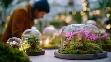 Floral displays in glass domes at a botanical exhibit with a visitor admiring the arrangement during the evening photo