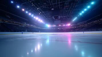 Ice rink illuminated with colorful lights ready for an exciting hockey game at the arena photo