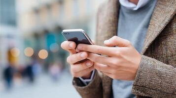 Man using smartphone in urban setting during daytime for communication and information photo