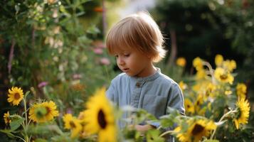 Child explores a vibrant sunflower garden, enjoying nature during a sunny afternoon photo