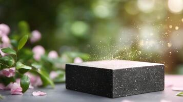 Sparkling black box surrounded by flowers and greenery creates mystical atmosphere in a serene outdoor setting photo