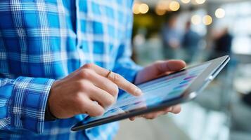 Individual using a tablet to analyze data while wearing a blue checkered shirt in a modern office setting photo