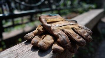 Work gloves rest on a weathered wooden bench in a lush garden setting during a sunny afternoon photo