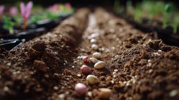 Seeds planted in the soil of a small garden during springtime for future growth and harvest photo