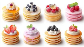 Variety of colorful pancakes stacked with toppings, showcasing a delightful breakfast for all occasions photo