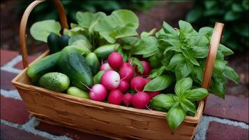 Freshly harvested vegetables and herbs displayed in a woven basket on a garden pathway in the afternoon sun photo