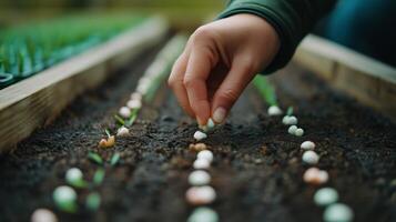 Gardener planting seeds in a well-tended garden bed on a sunny day in spring photo