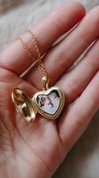 Heart-shaped locket with a cherished photo held in a hand, symbolizing love and memories shared