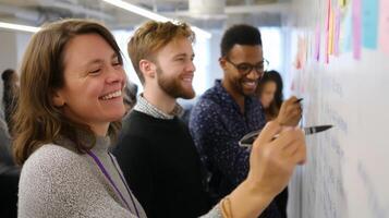 Team collaboration during a brainstorming session in a bright office space on a weekday morning photo