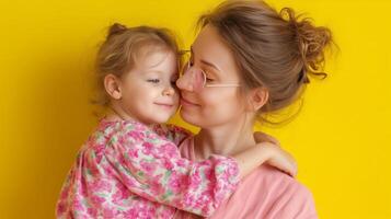 Mother and daughter share a joyful moment with a bright yellow background capturing their love and connection photo