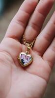 Heart-shaped locket held in hand with a cherished photo inside, capturing a memorable moment of friendship and love
