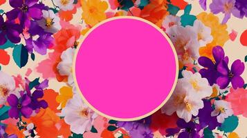 Colorful floral pattern with a blank circle in the center set against a vibrant background of assorted flowers photo