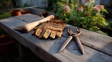 Gardening tools on a wooden table in an afternoon garden photo