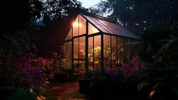 Glowing greenhouse surrounded by vibrant plants during a serene evening in a lush garden photo