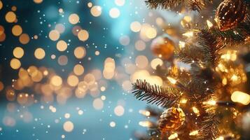 Twinkling christmas tree lights casting soft bokeh glow amid gently falling snow, revealing festive winter evening atmosphere photo