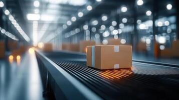 Cardboard boxes gliding smoothly through automated conveyor system, representing high tech manufacturing precision and industrial innovation photo