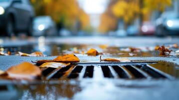 Raindrops splattering on wet autumn ground, creating circular patterns among golden scattered and russet leaves photo
