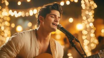 A young Caucasian man sings into a microphone on a lively background, at night. Warm lights illuminate the street creating a festive atmosphere. photo