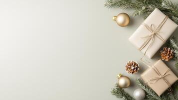 Christmas decoration creating a festive atmosphere with white arranged pine cones, and eucalyptus leaves ornaments, on a soft green background photo